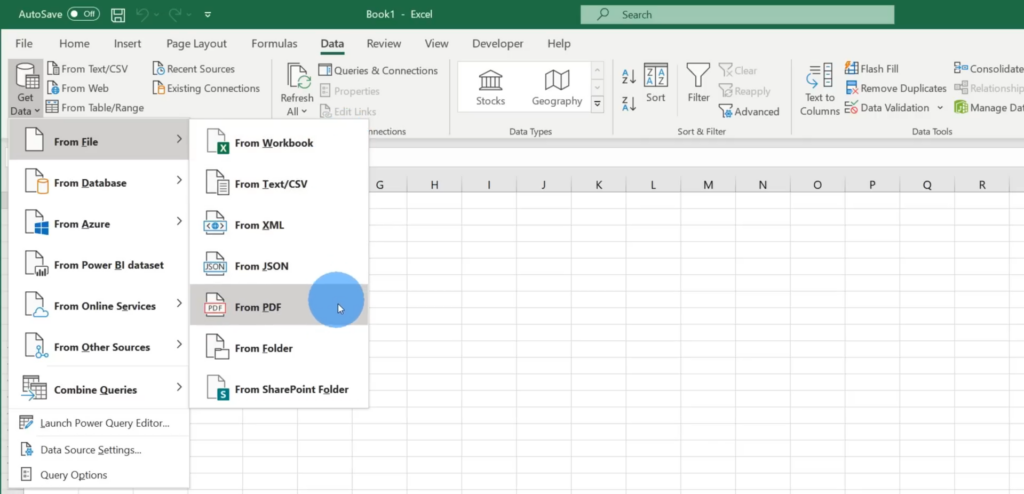 Choose the Get Data Option Convert PDF files to Excel